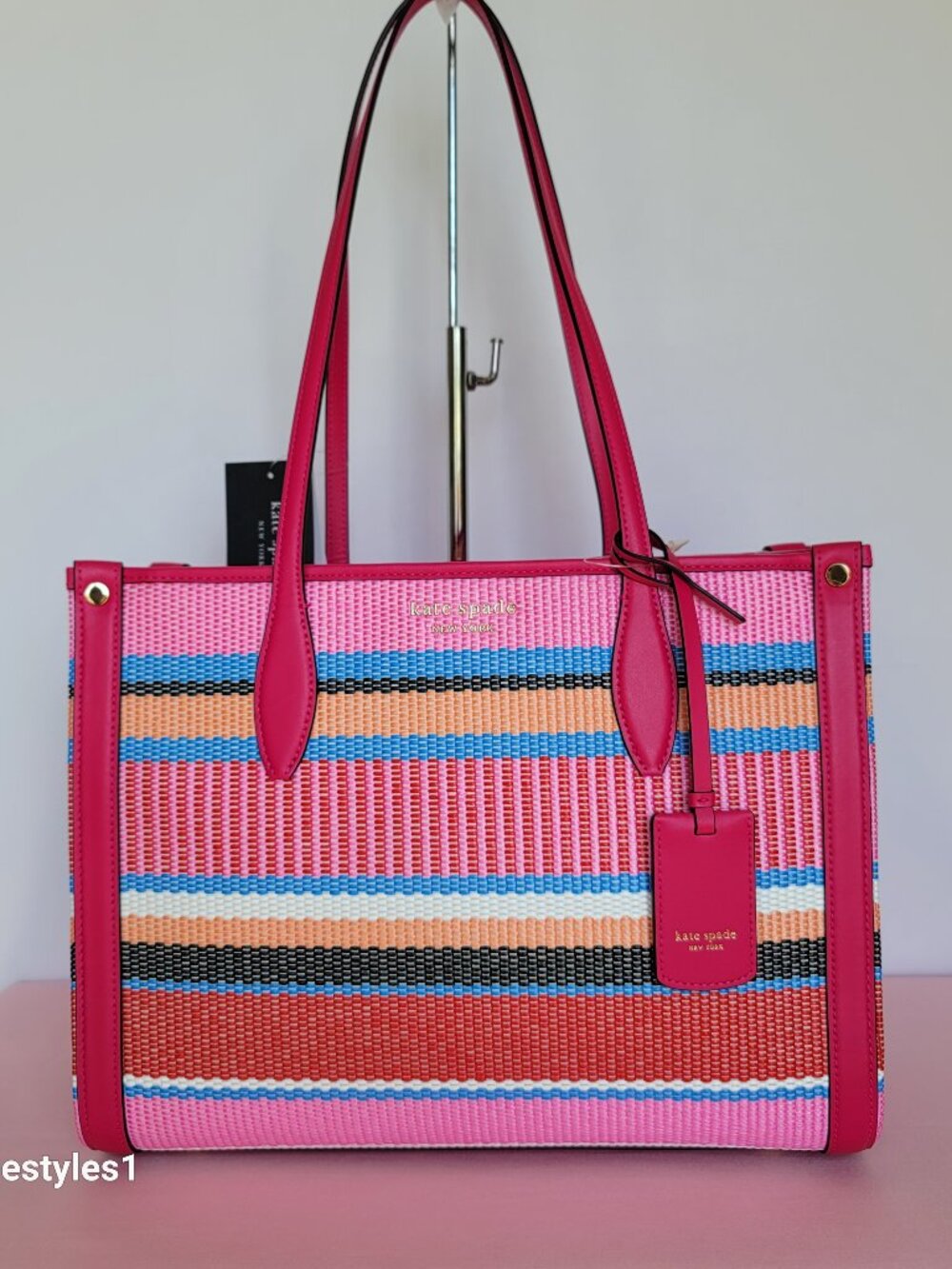 KATE SPADE Market Striped Woven Straw Medium Tote Bag-Wild Raspberry Multi⭐
